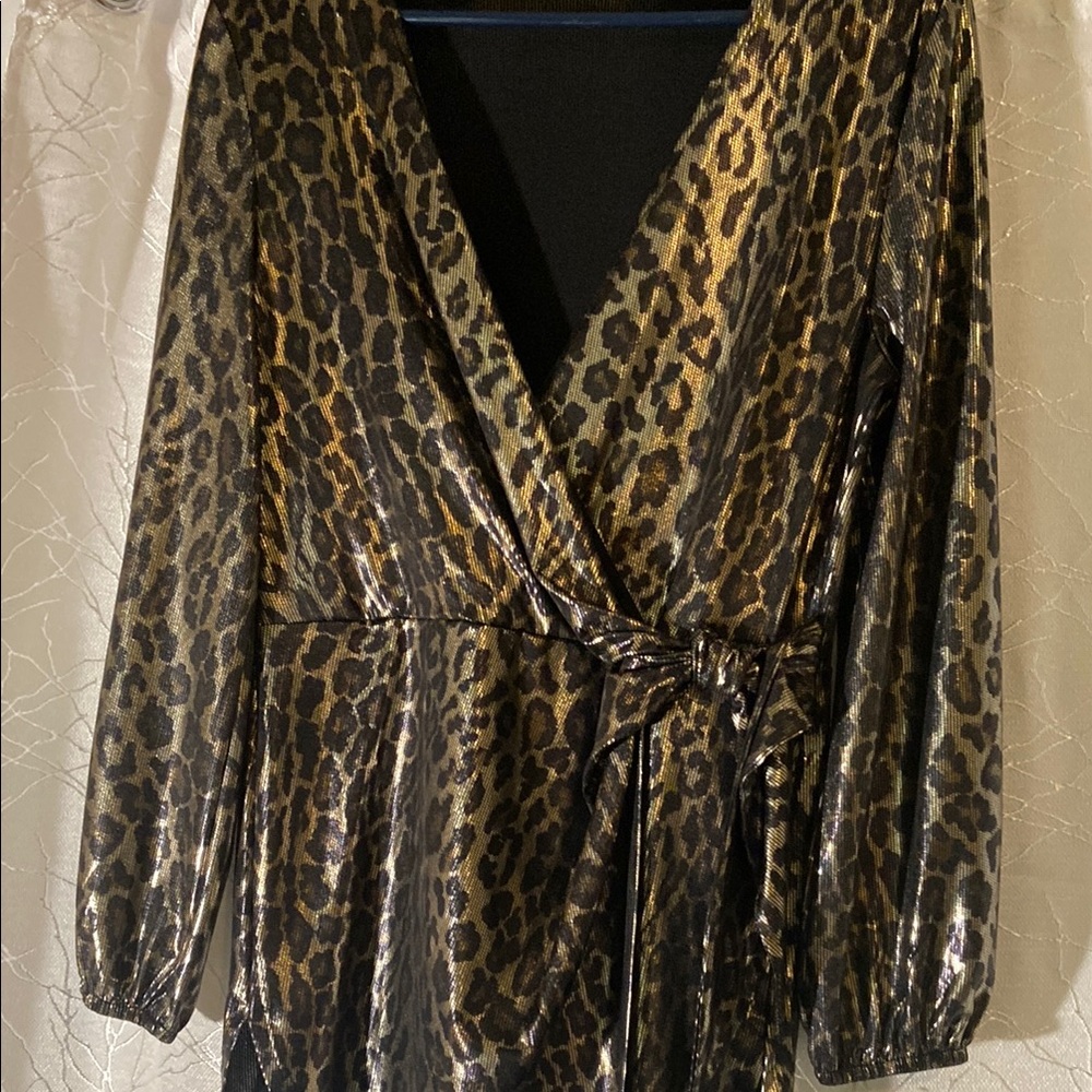 Luxurious Gold and Black Wrap Blouse with Tie Front
